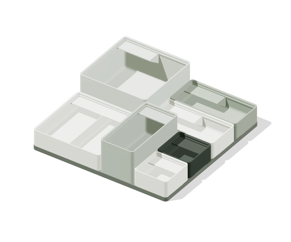 Modèle 3D réel : sept boîtes de rangement assemblées sur une grille de quatre cases sur quatre